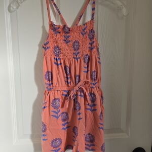 Tea Collection Smocked Strappy Romper- Peach With Purple Flowers, Has Pockets